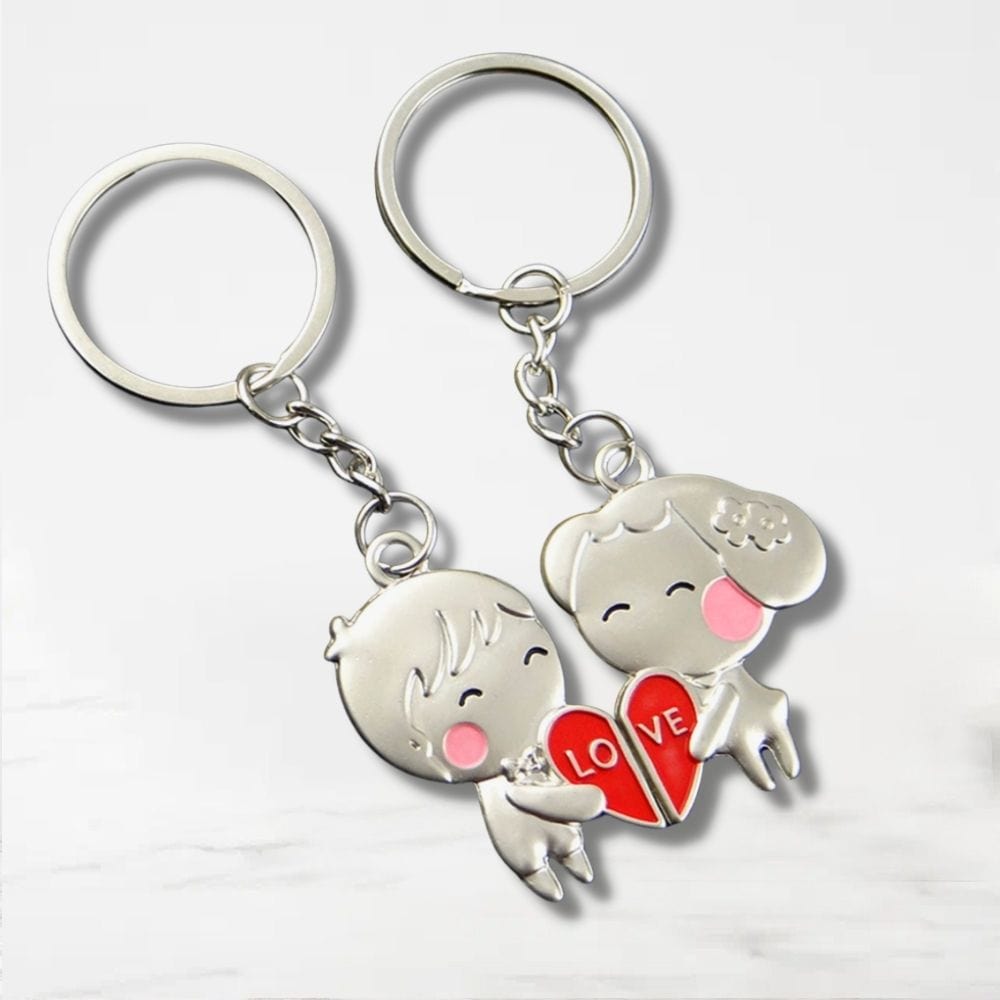 Porte Clé Couple Coeur Argent
