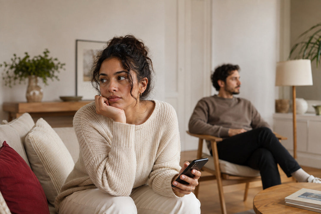 Femme préoccupée tenant son téléphone, son partenaire assis à distance dans un salon lumineux