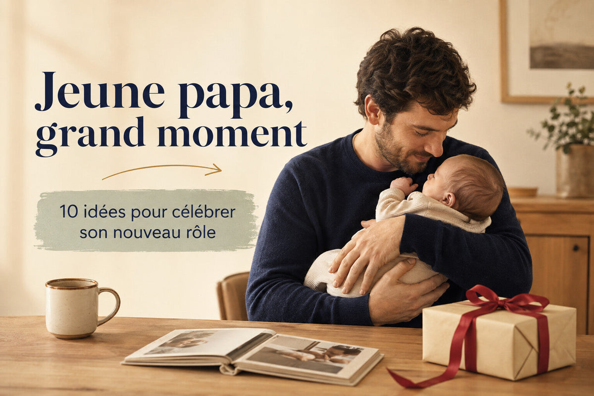 Jeune papa tenant son bébé dans une composition éditoriale chaleureuse consacrée aux cadeaux de naissance pour père.