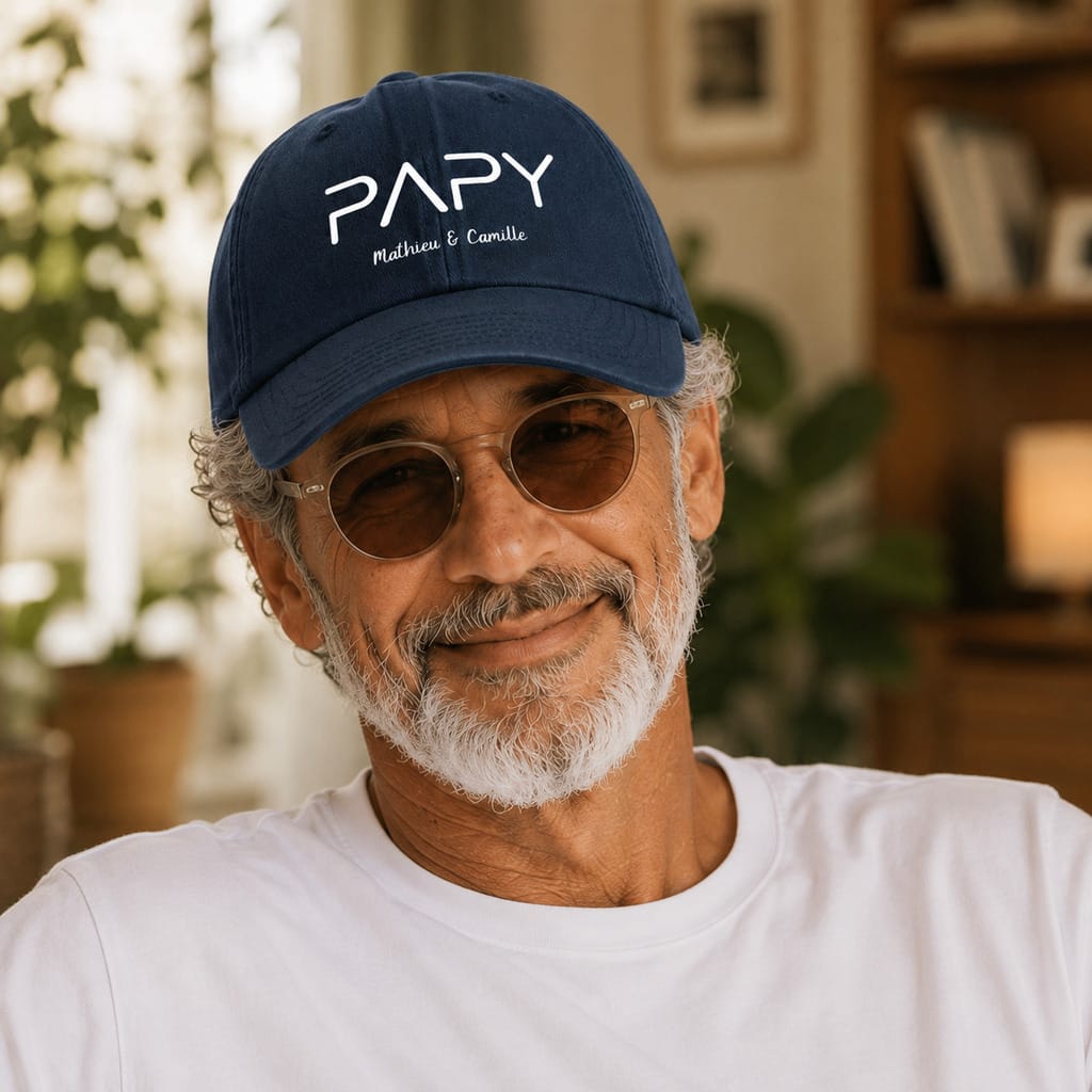 Casquette Papy Mathieu et Camille marine portée par un papy