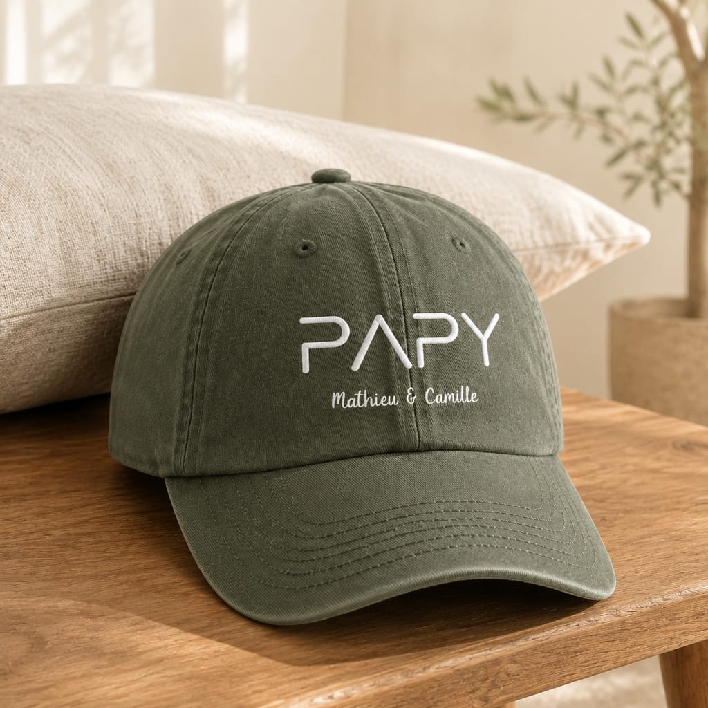Casquette brodée Papy Mathieu et Camille vert olive