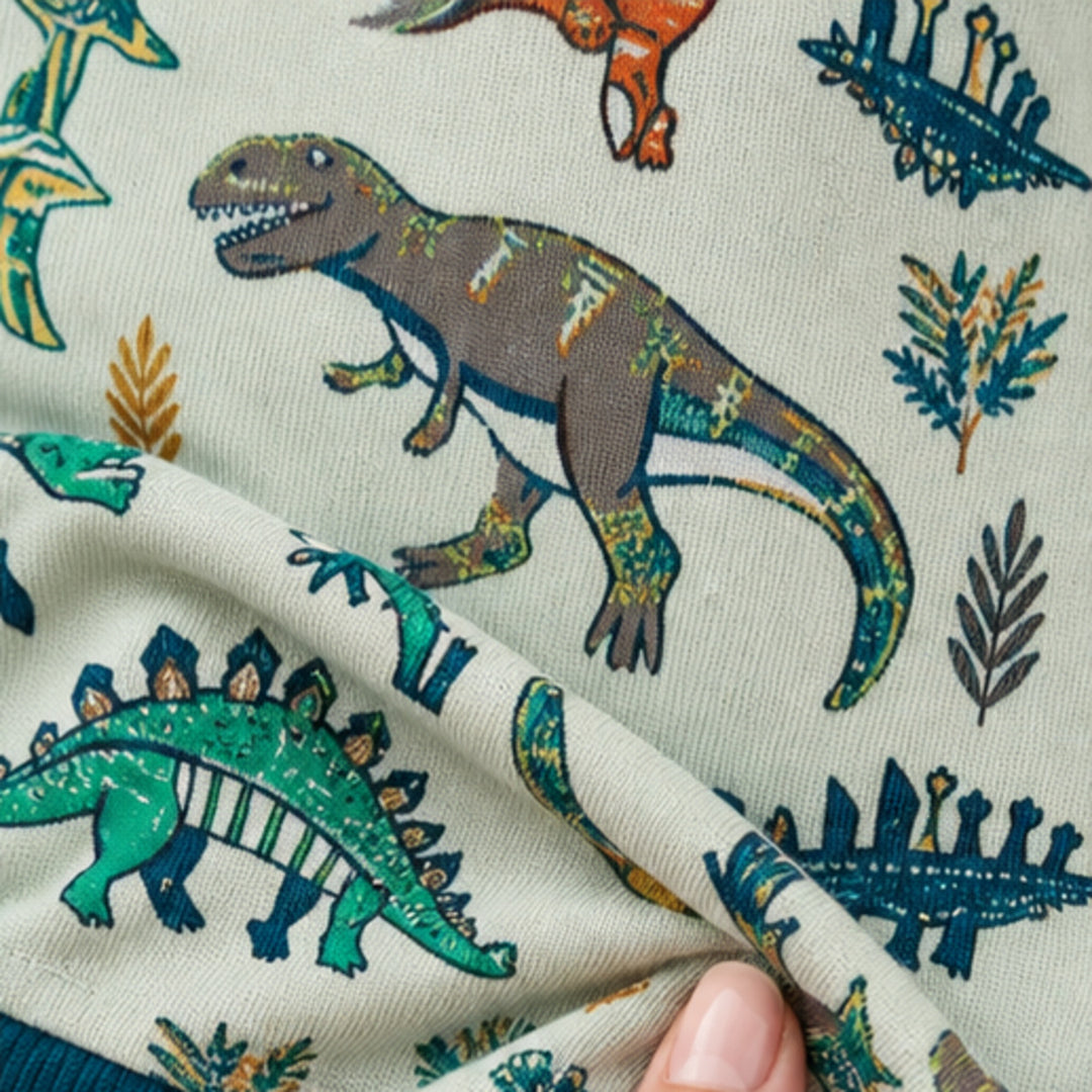 Détail du motif dinosaure et de la matière du pyjama