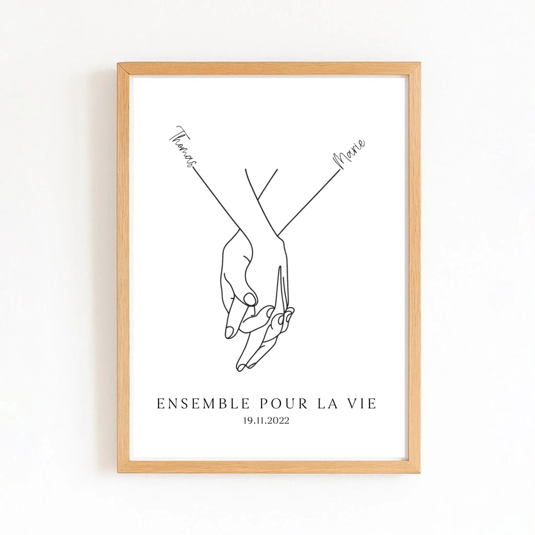 Affiche minimaliste mains couple - Personnalisée Affiche Portrait / Bois Naturel / A4 21x29.7 cm
