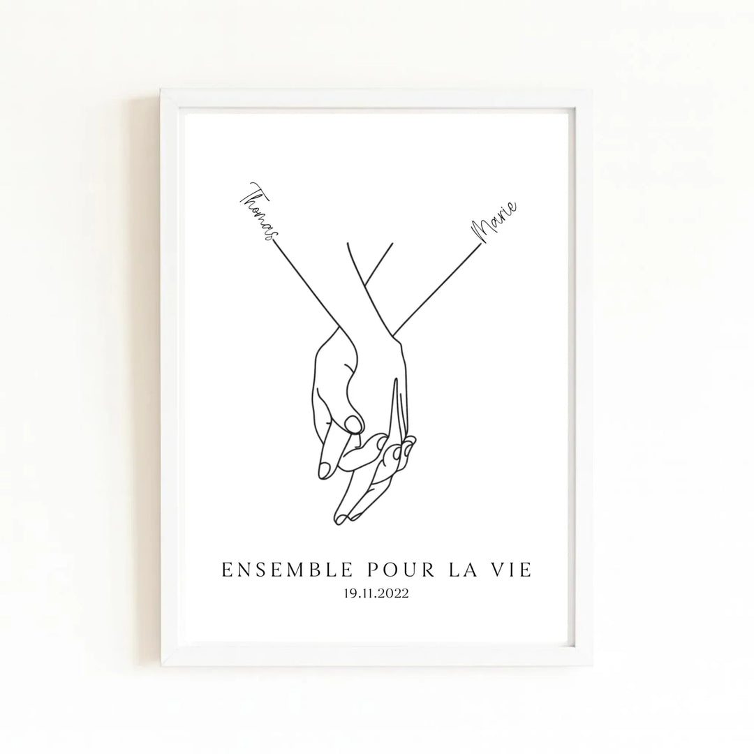 Affiche minimaliste mains couple - Personnalisée Affiche Portrait / Bois Blanc / A4 21x29.7 cm
