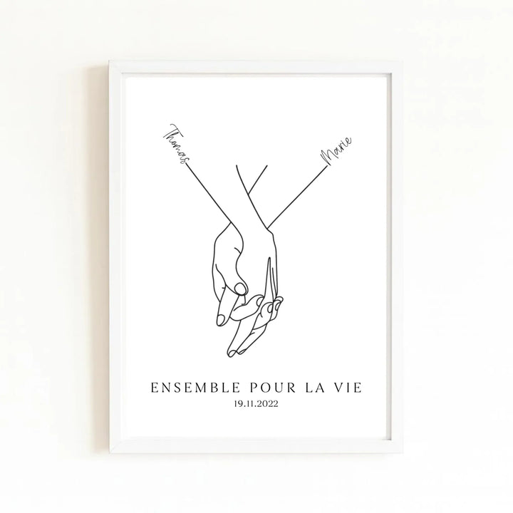 Affiche minimaliste mains couple - Personnalisée Affiche Portrait / Bois Blanc / A4 21x29.7 cm