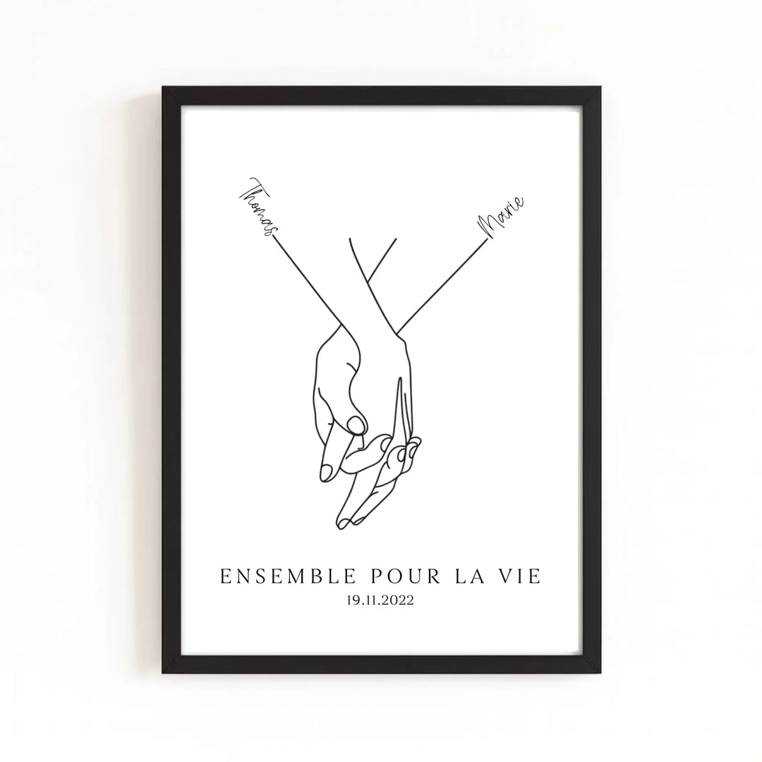 Affiche minimaliste mains couple - Personnalisée Affiche Portrait / Bois Noir / A4 21x29.7 cm