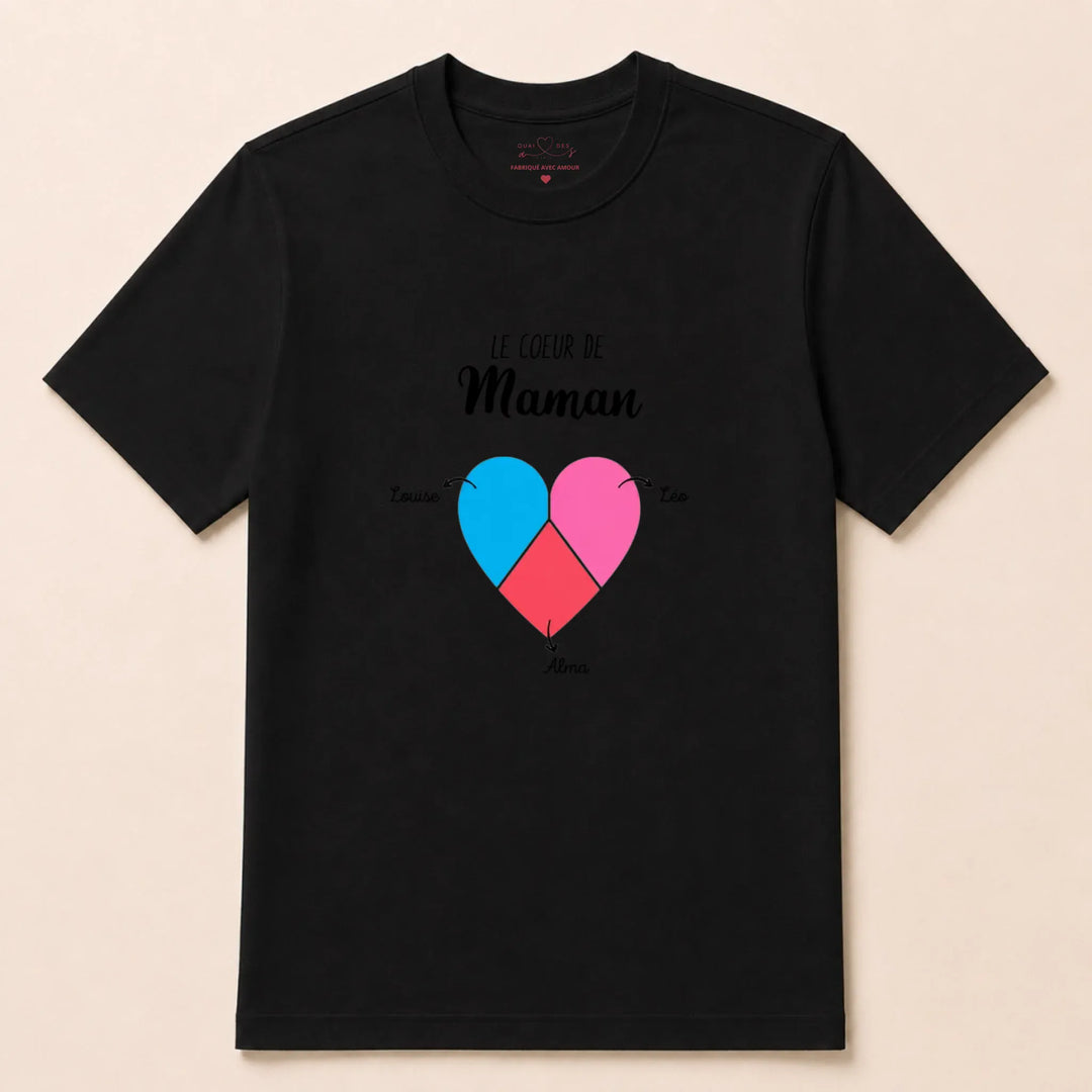 T-shirt personnalisé maman- Le coeur de maman prénoms T-shirt / Noir / S