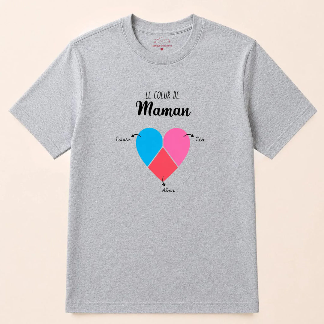 T-shirt personnalisé maman- Le coeur de maman prénoms T-shirt / Gris / S