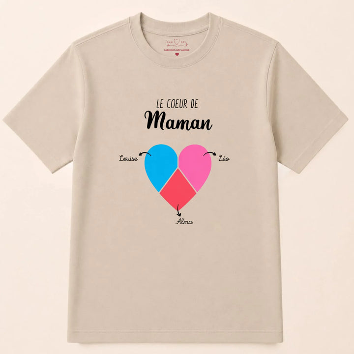 T-shirt personnalisé maman- Le coeur de maman prénoms T-shirt / Beige / S
