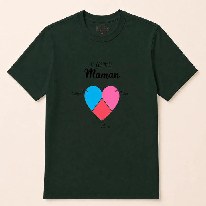 T-shirt personnalisé maman- Le coeur de maman prénoms T-shirt / Vert Forest / S