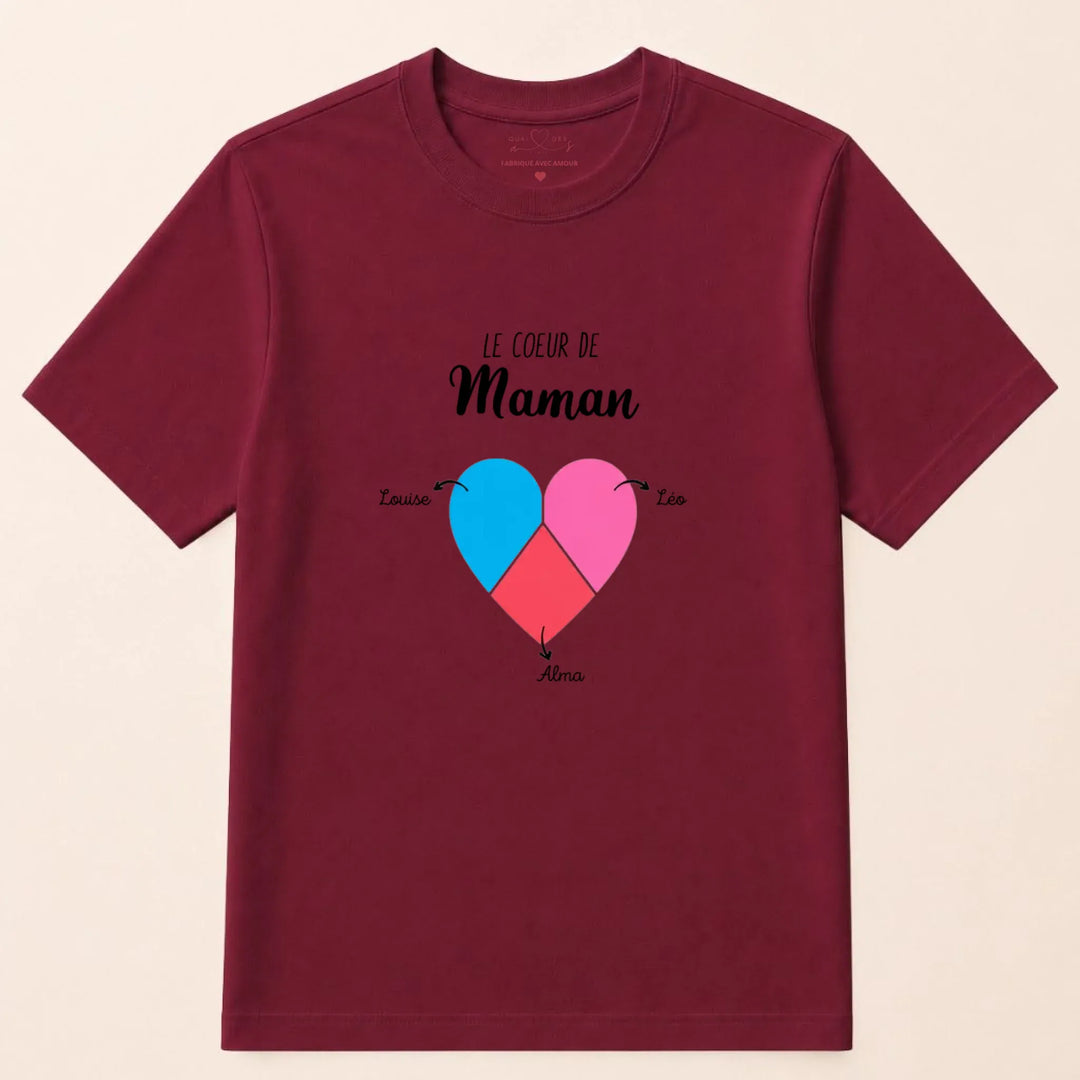 T-shirt personnalisé maman- Le coeur de maman prénoms T-shirt / Bordeaux / S