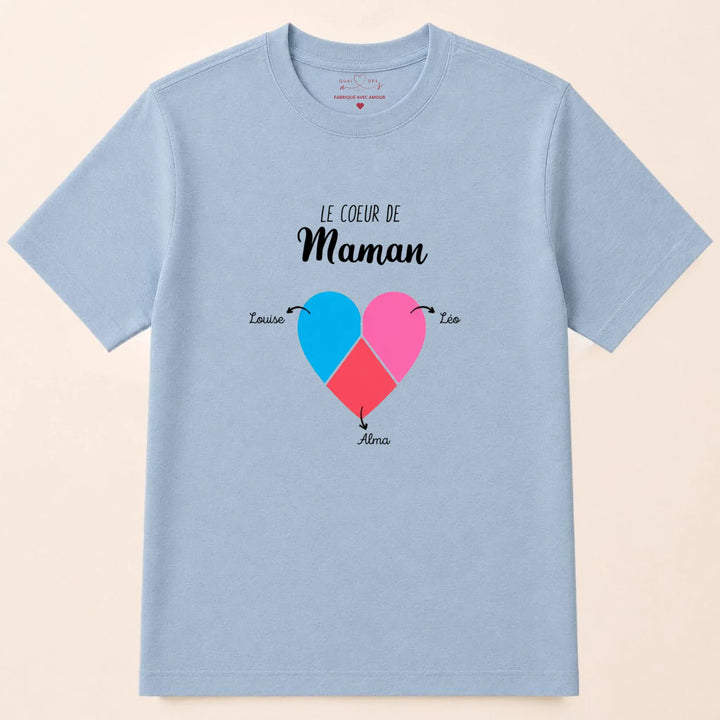 T-shirt personnalisé maman- Le coeur de maman prénoms T-shirt / Bleu Clair / S