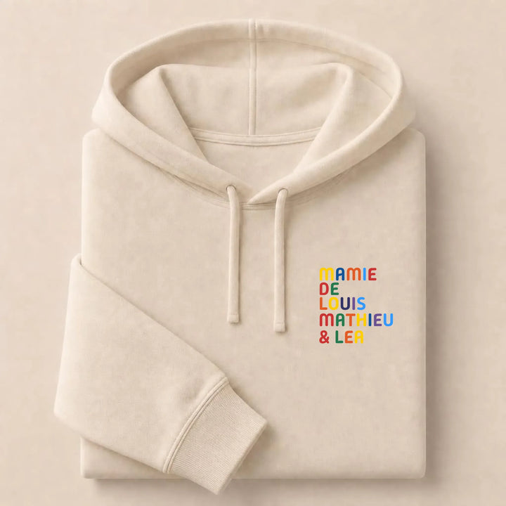 T-Shirt personnalisé Mamie - Prénoms multicolore brodé Sweat à capuche / Beige / S