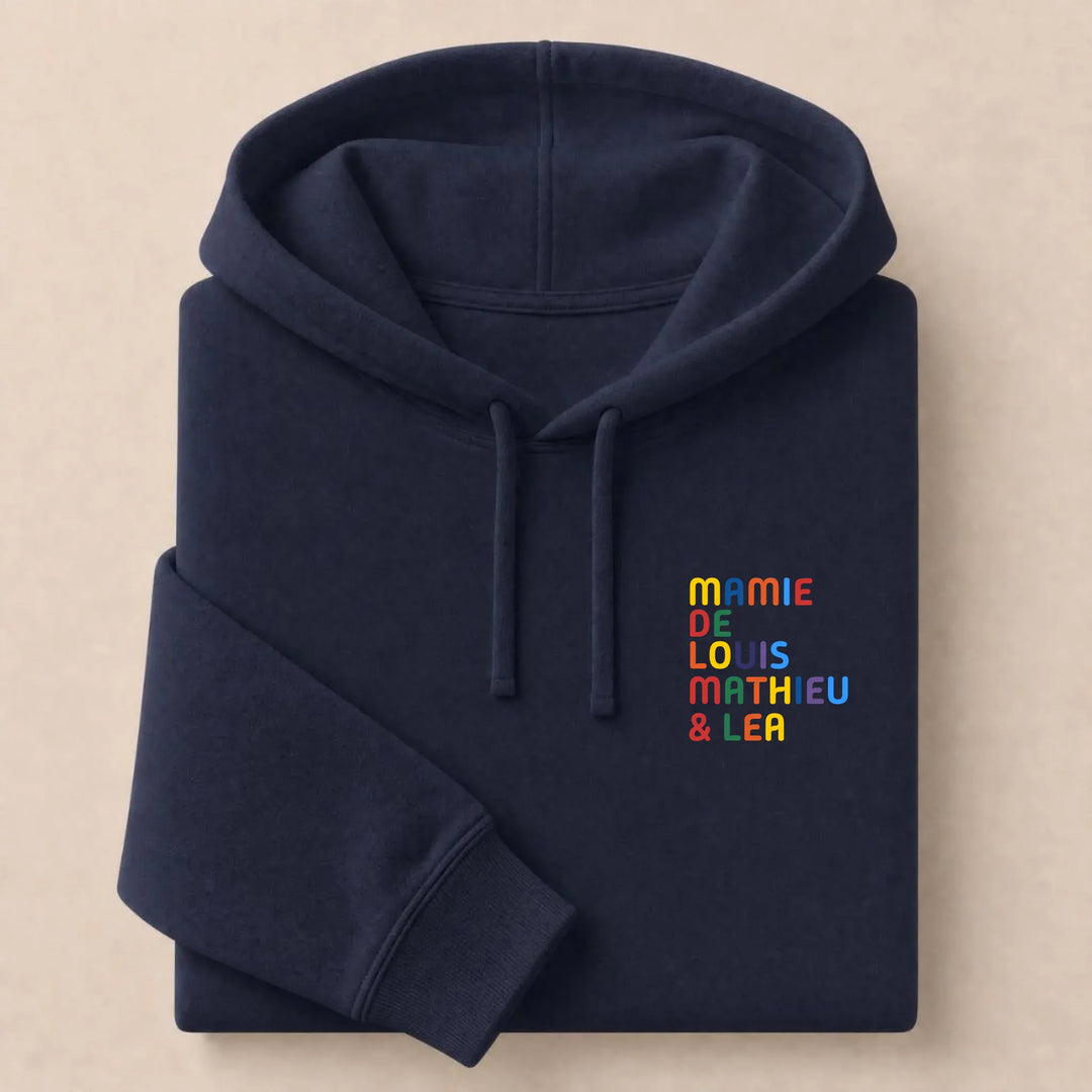 Pull personnalisé Mamie - Prénoms multicolore brodé Sweat à capuche / Marine / S