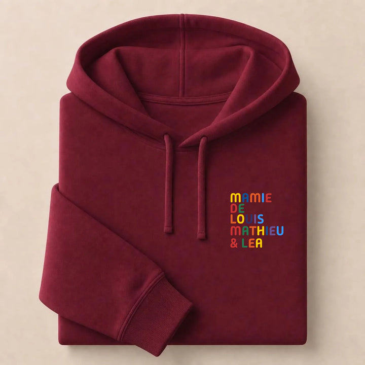 Pull personnalisé Mamie - Prénoms multicolore brodé Sweat à capuche / Bordeaux / S