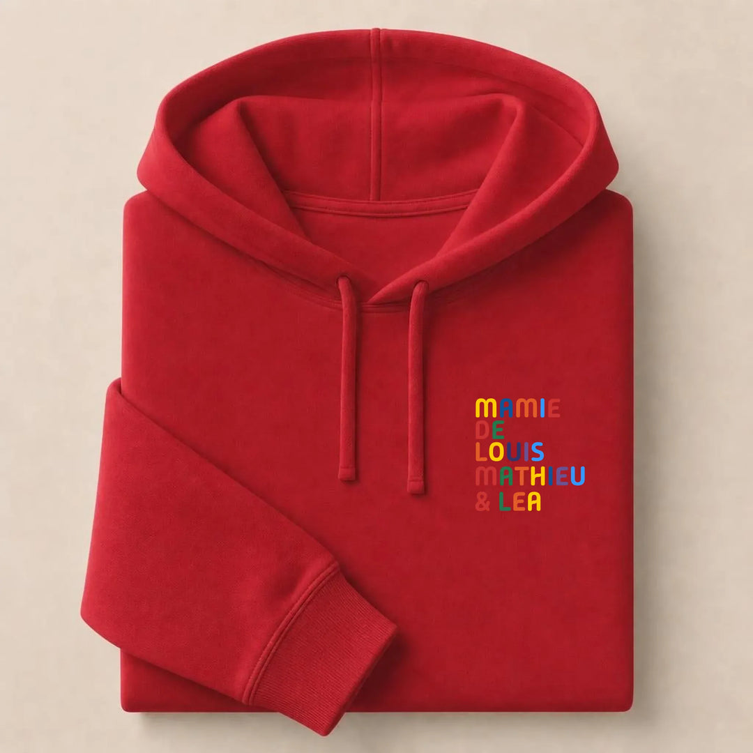 Pull personnalisé Mamie - Prénoms multicolore brodé Sweat à capuche / Rouge / S