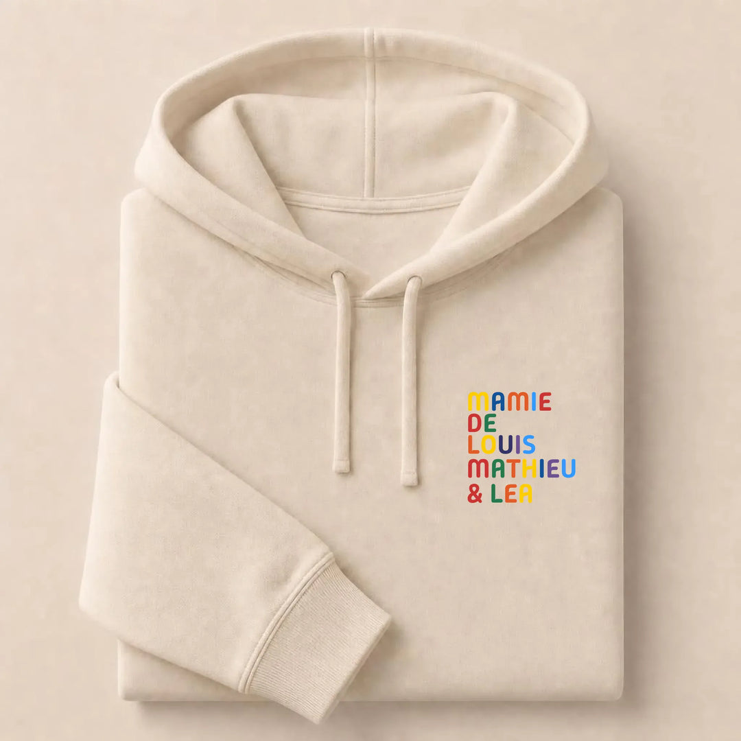 Pull personnalisé Mamie - Prénoms multicolore brodé Sweat à capuche / Beige / S