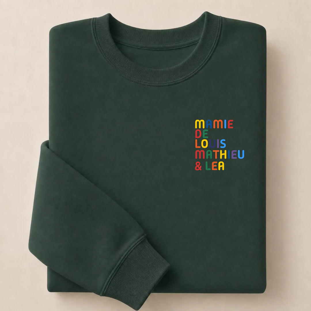 Pull personnalisé Mamie - Prénoms multicolore brodé Sweatshirt / Forest / S