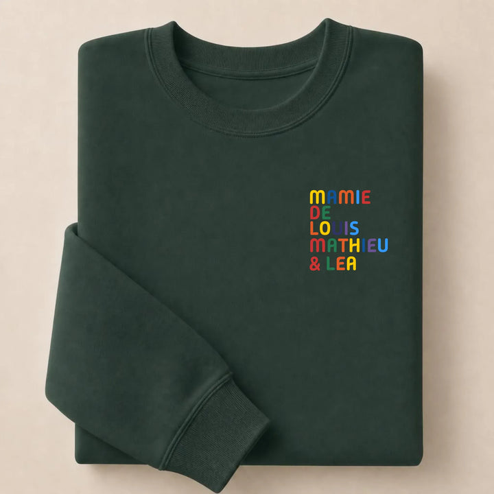Pull personnalisé Mamie - Prénoms multicolore brodé Sweatshirt / Forest / S
