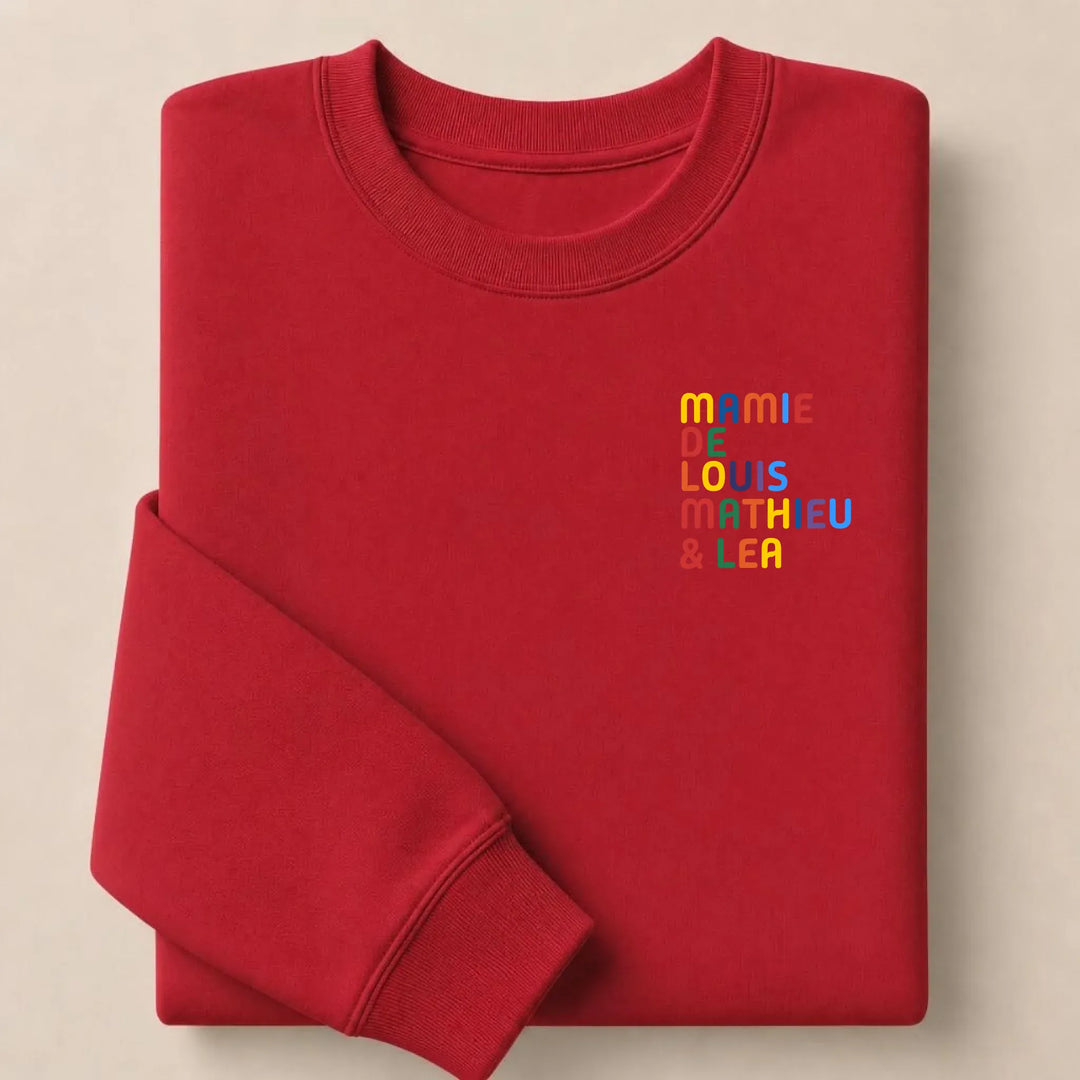 Pull personnalisé Mamie - Prénoms multicolore brodé Sweatshirt / Rouge / S