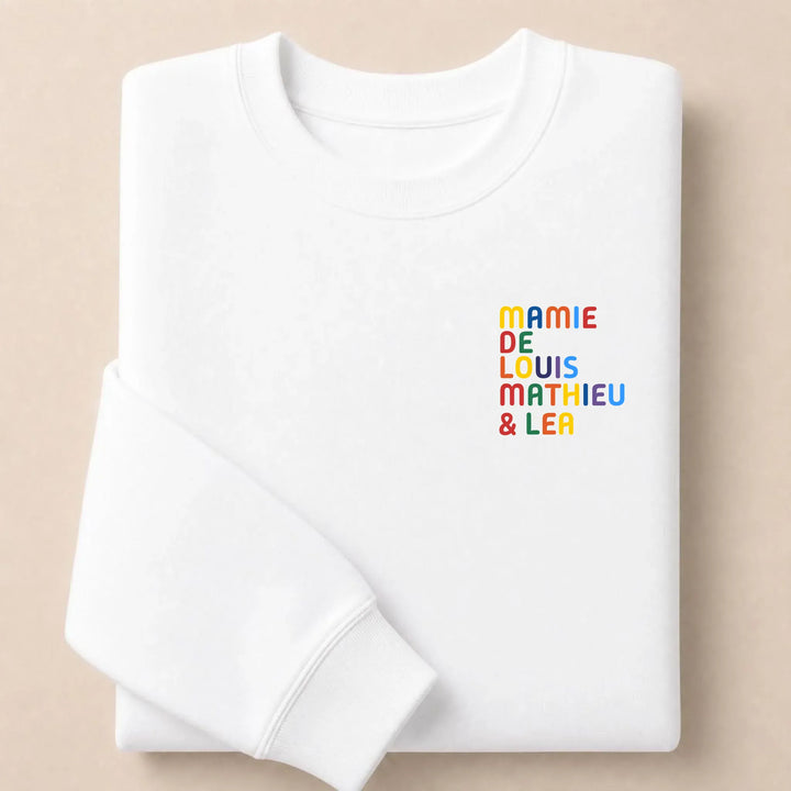 Pull personnalisé Mamie - Prénoms multicolore brodé Sweatshirt / Blanc / S