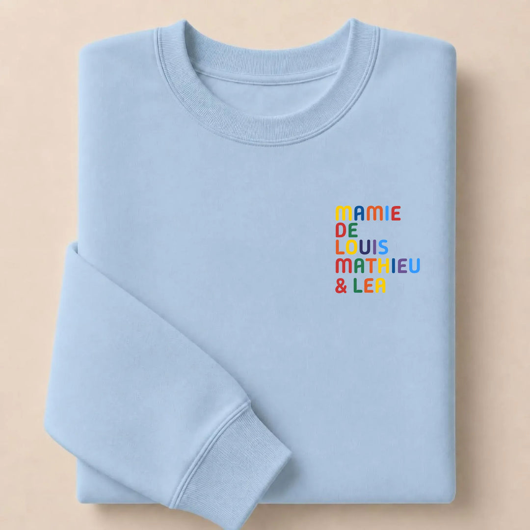 Sweat personnalisé Mamie - Prénoms multicolore brodé Sweatshirt / Bleu Clair / S