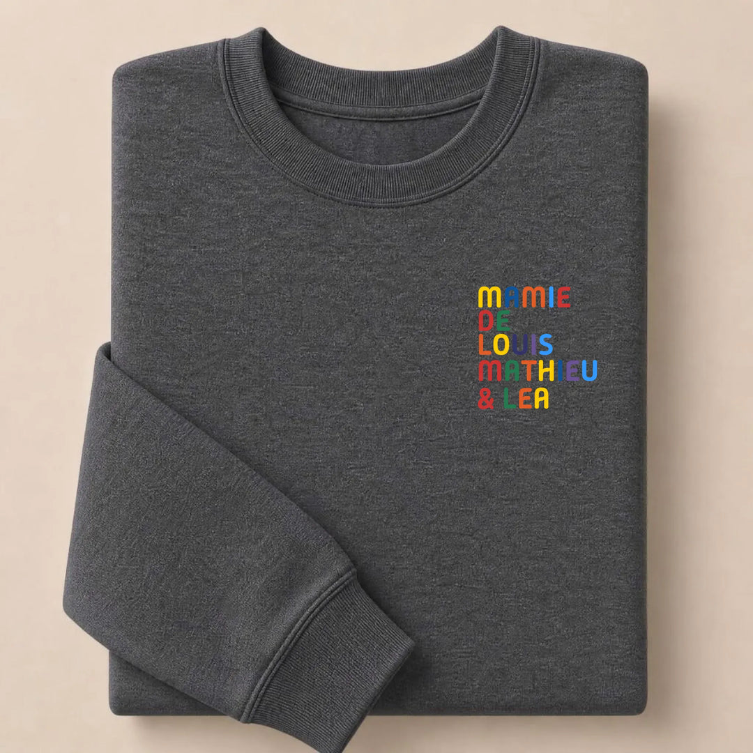 Sweat personnalisé Mamie - Prénoms multicolore brodé Sweatshirt / Gris Foncé / S
