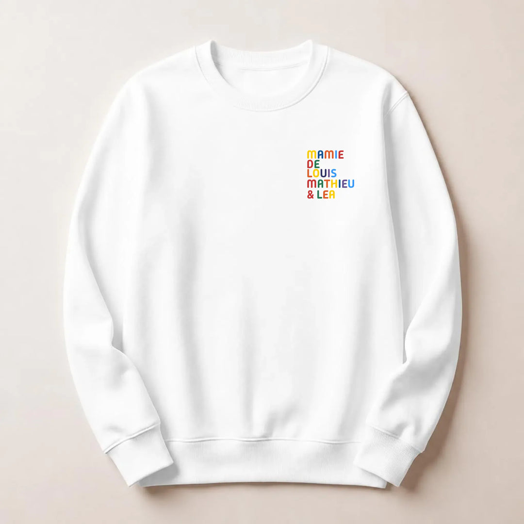 Sweat personnalisé Mamie - Prénoms multicolore brodé
