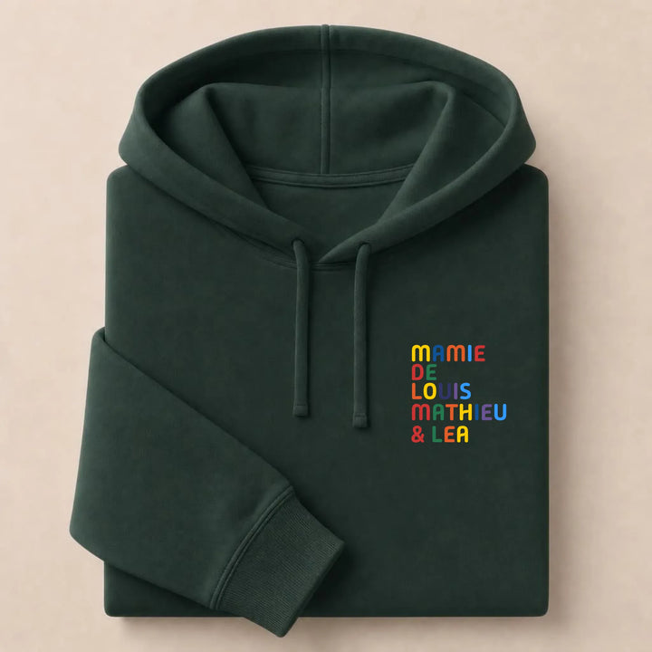 Sweat personnalisé Mamie - Prénoms multicolore brodé Sweat à capuche / Forest / S