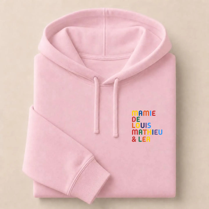 Sweat personnalisé Mamie - Prénoms multicolore brodé Sweat à capuche / Rose Clair / S