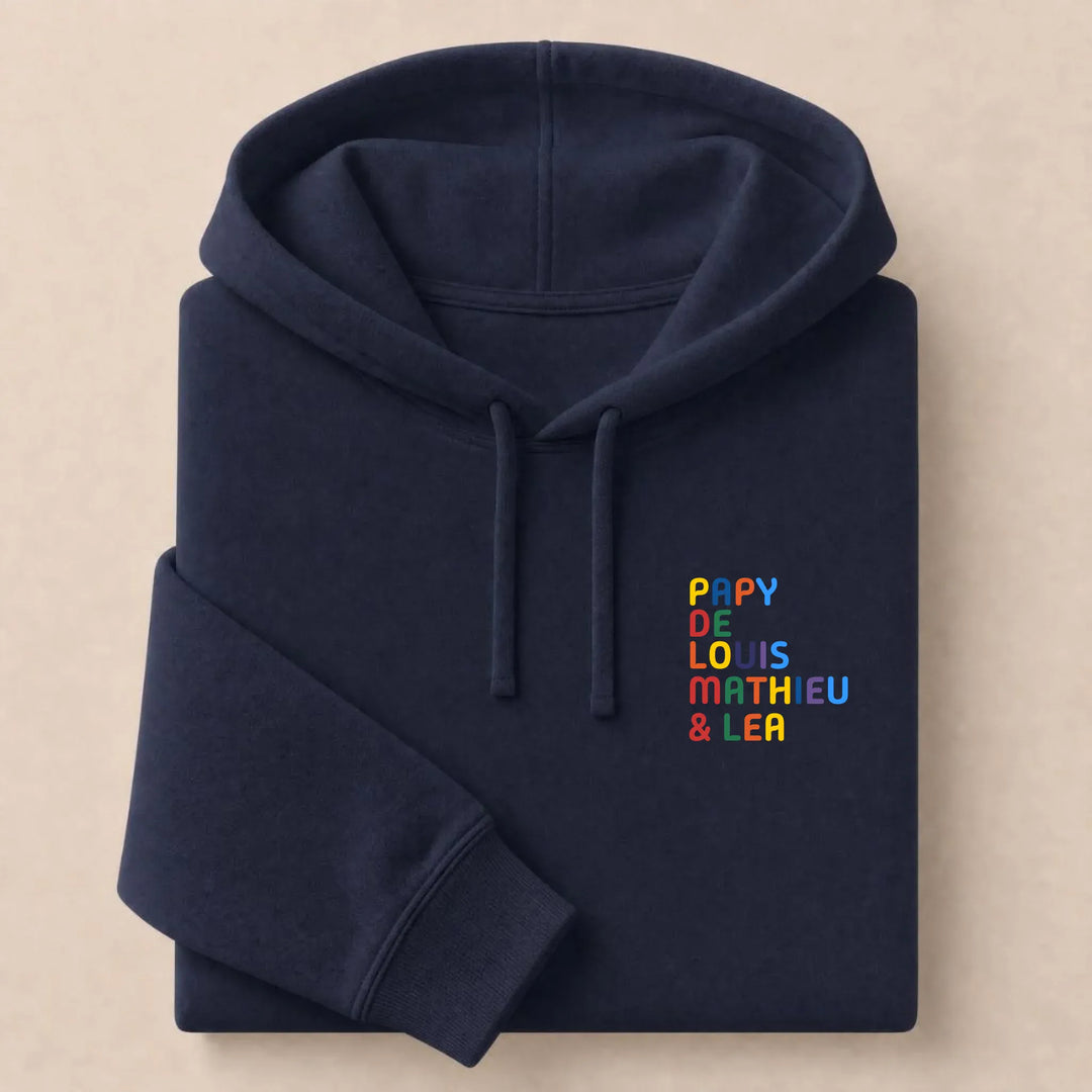 T-Shirt personnalisé Papy - Prénoms multicolore brodé Sweat à capuche / Marine / S