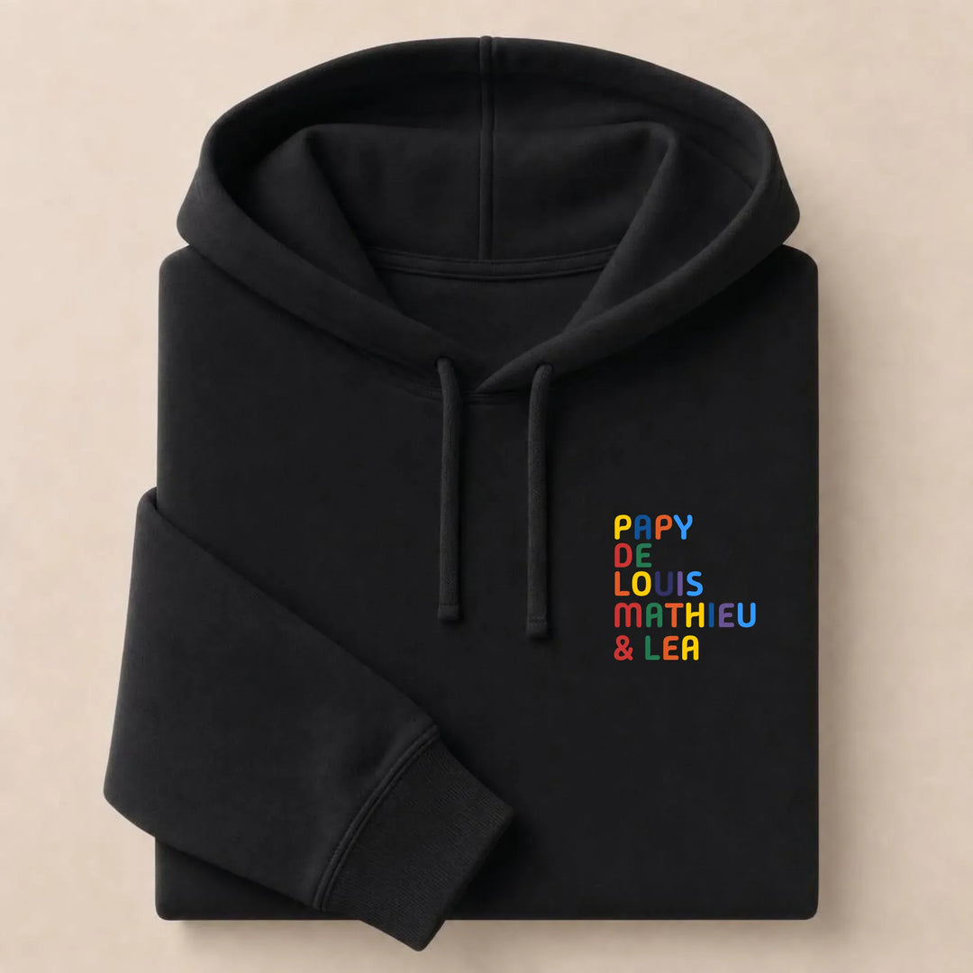 Pull personnalisé Papy - Prénoms multicolore brodé Sweat à capuche / Noir / S