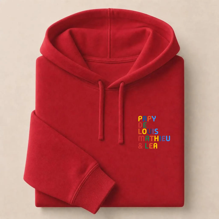 Pull personnalisé Papy - Prénoms multicolore brodé Sweat à capuche / Rouge / S