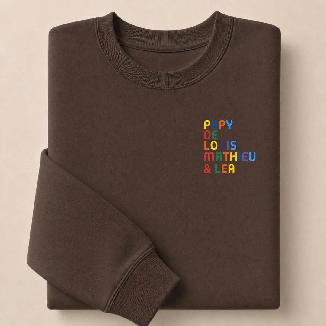 Pull personnalisé Papy - Prénoms multicolore brodé Sweatshirt / Marron / S