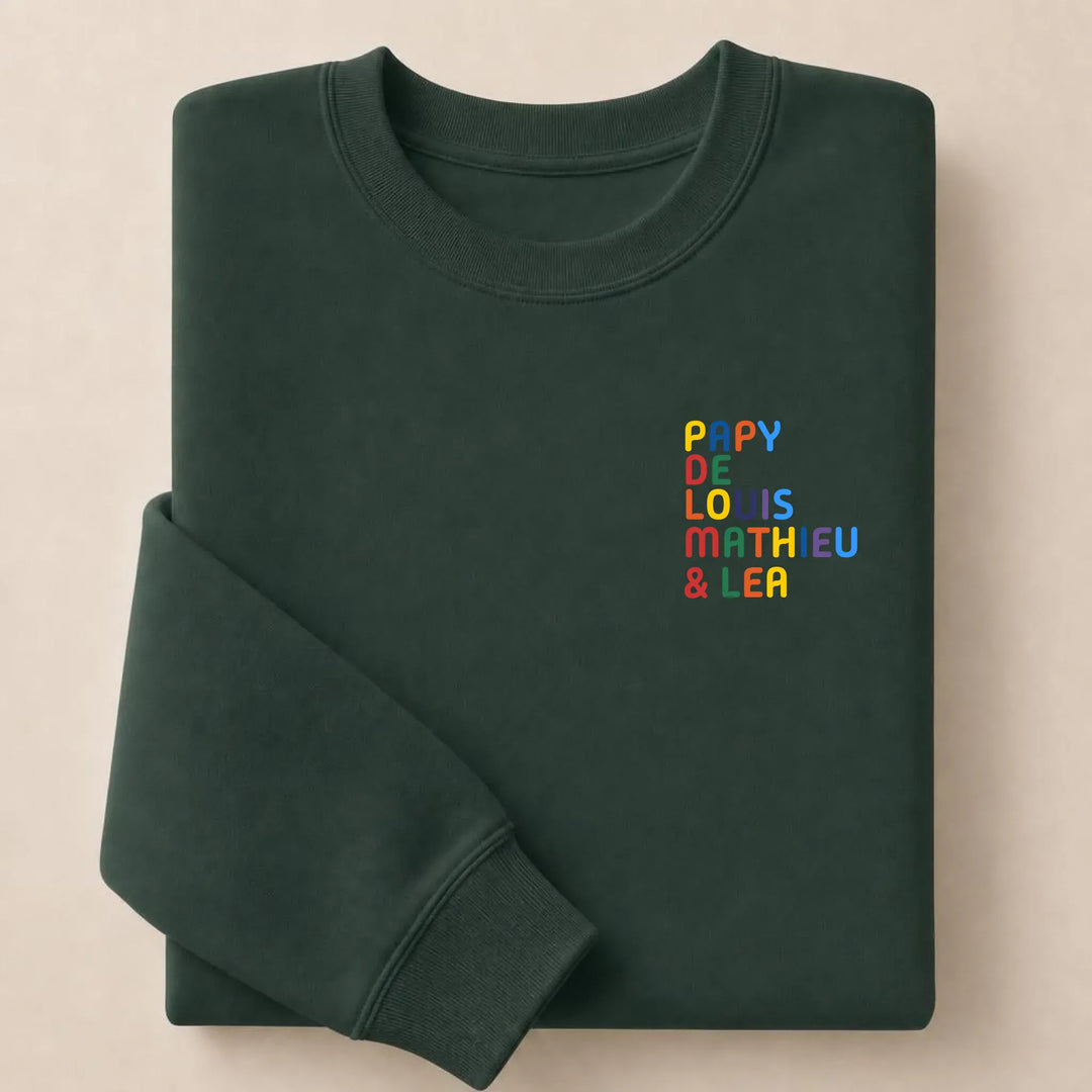 Pull personnalisé Papy - Prénoms multicolore brodé Sweatshirt / Forest / S