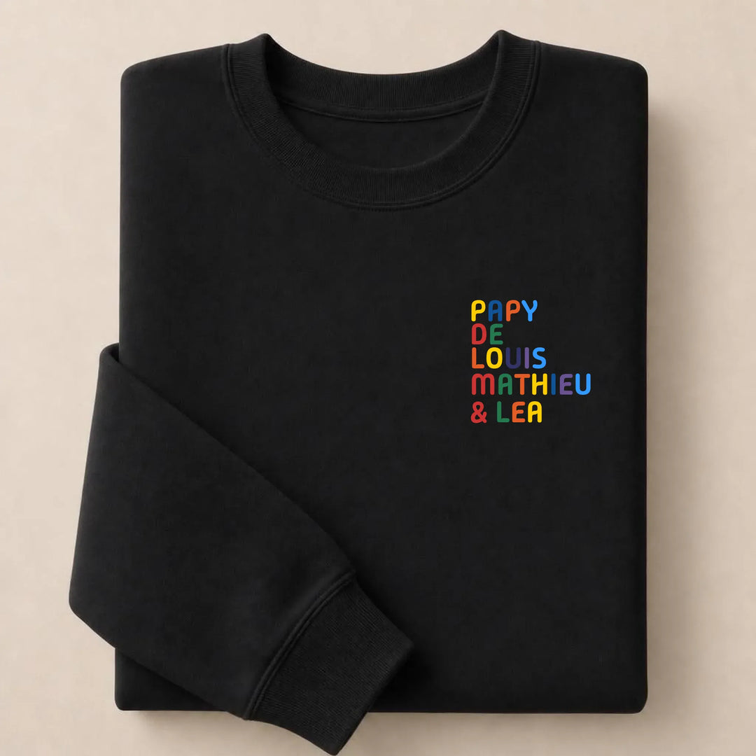 Pull personnalisé Papy - Prénoms multicolore brodé Sweatshirt / Noir / S