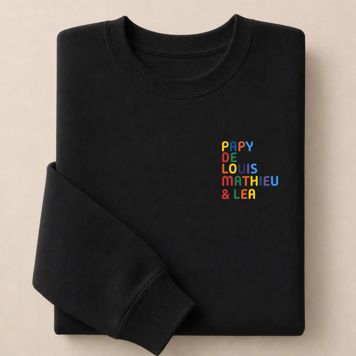 Pull personnalisé Papy - Prénoms multicolore brodé Sweatshirt / Noir / S