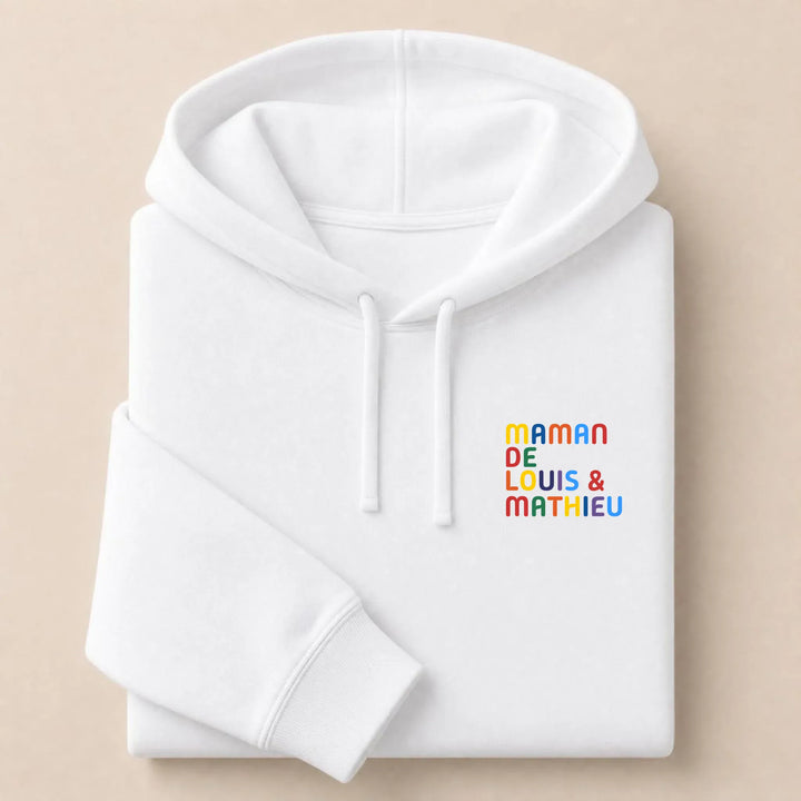 T-Shirt personnalisé Maman - Prénoms multicolore brodé Sweat à capuche / Blanc / S