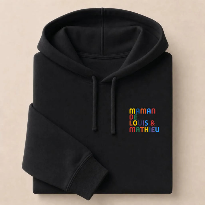 Pull personnalisé Maman - Prénoms multicolore brodé Sweat à capuche / Noir / S