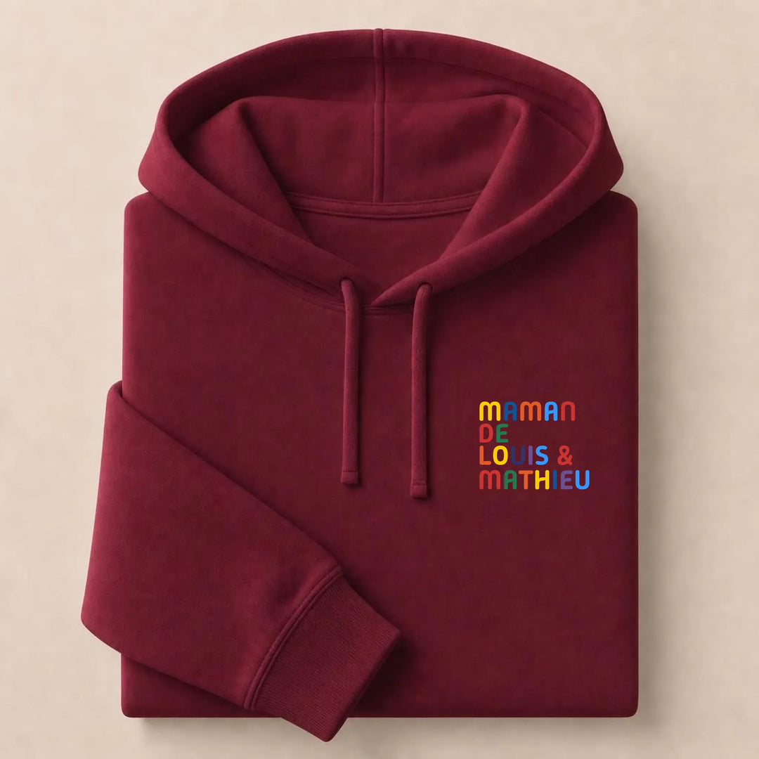 Pull personnalisé Maman - Prénoms multicolore brodé Sweat à capuche / Bordeaux / S