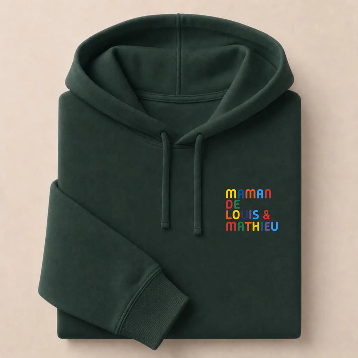 Pull personnalisé Maman - Prénoms multicolore brodé Sweat à capuche / Forest / S
