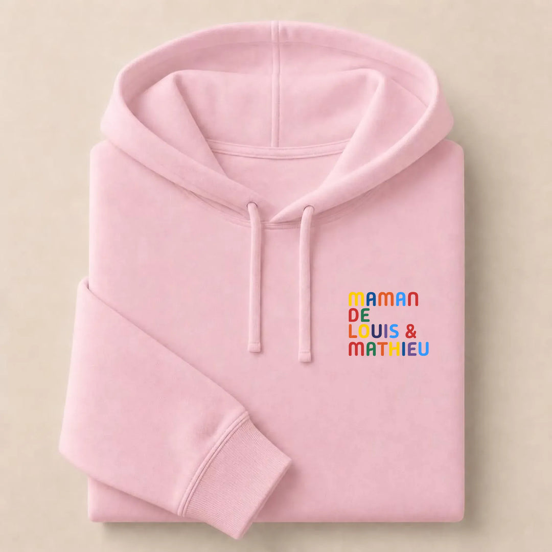 Pull personnalisé Maman - Prénoms multicolore brodé Sweat à capuche / Rose Clair / S