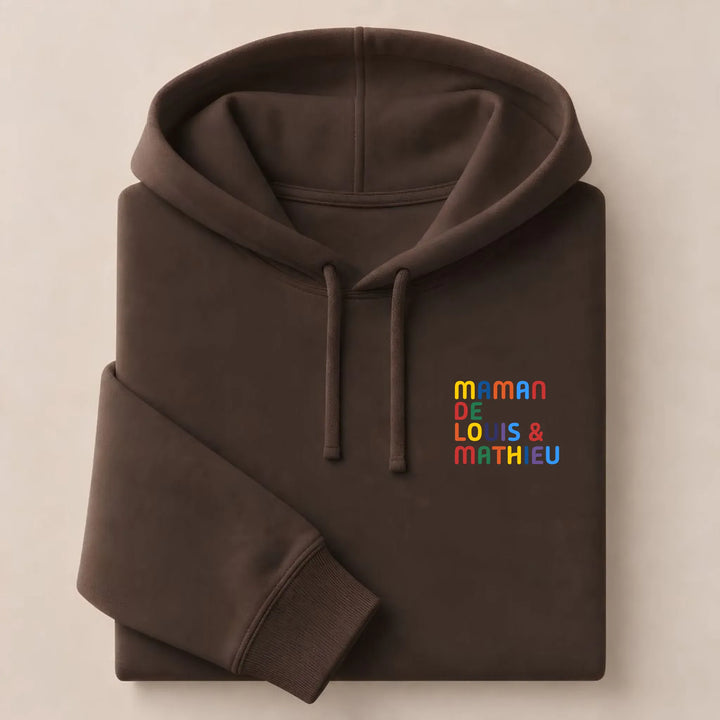 Pull personnalisé Maman - Prénoms multicolore brodé Sweat à capuche / Marron / S