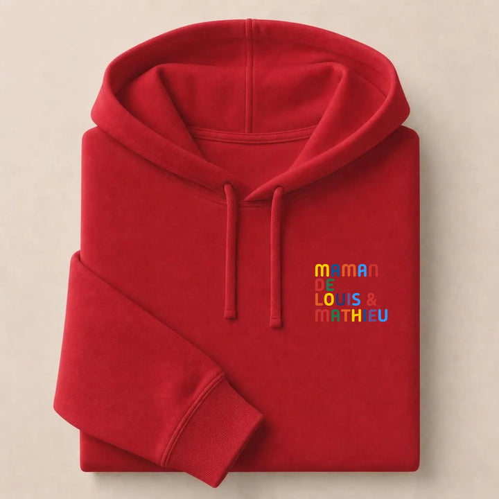Pull personnalisé Maman - Prénoms multicolore brodé Sweat à capuche / Rouge / S