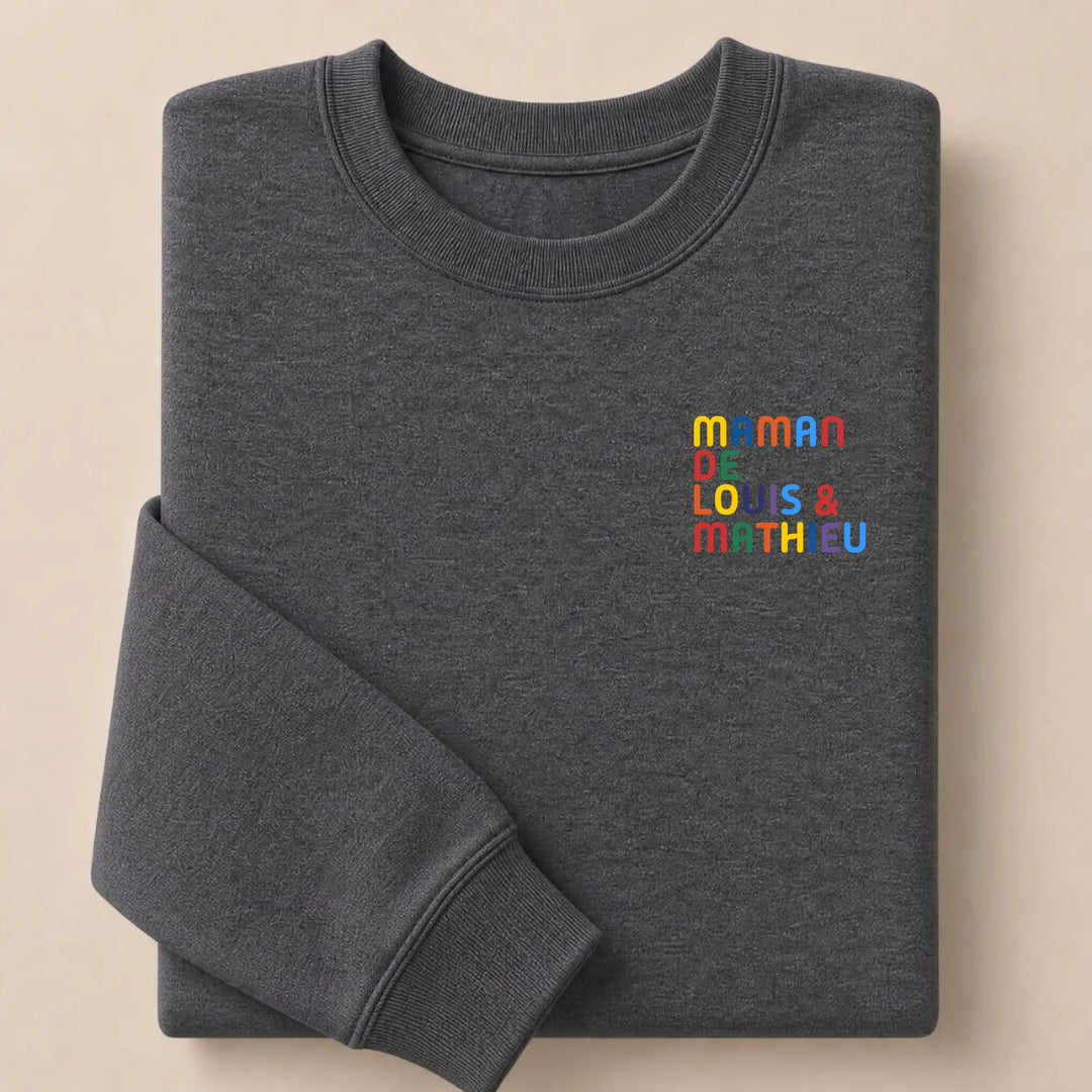 Pull personnalisé Maman - Prénoms multicolore brodé Sweatshirt / Gris Foncé / S