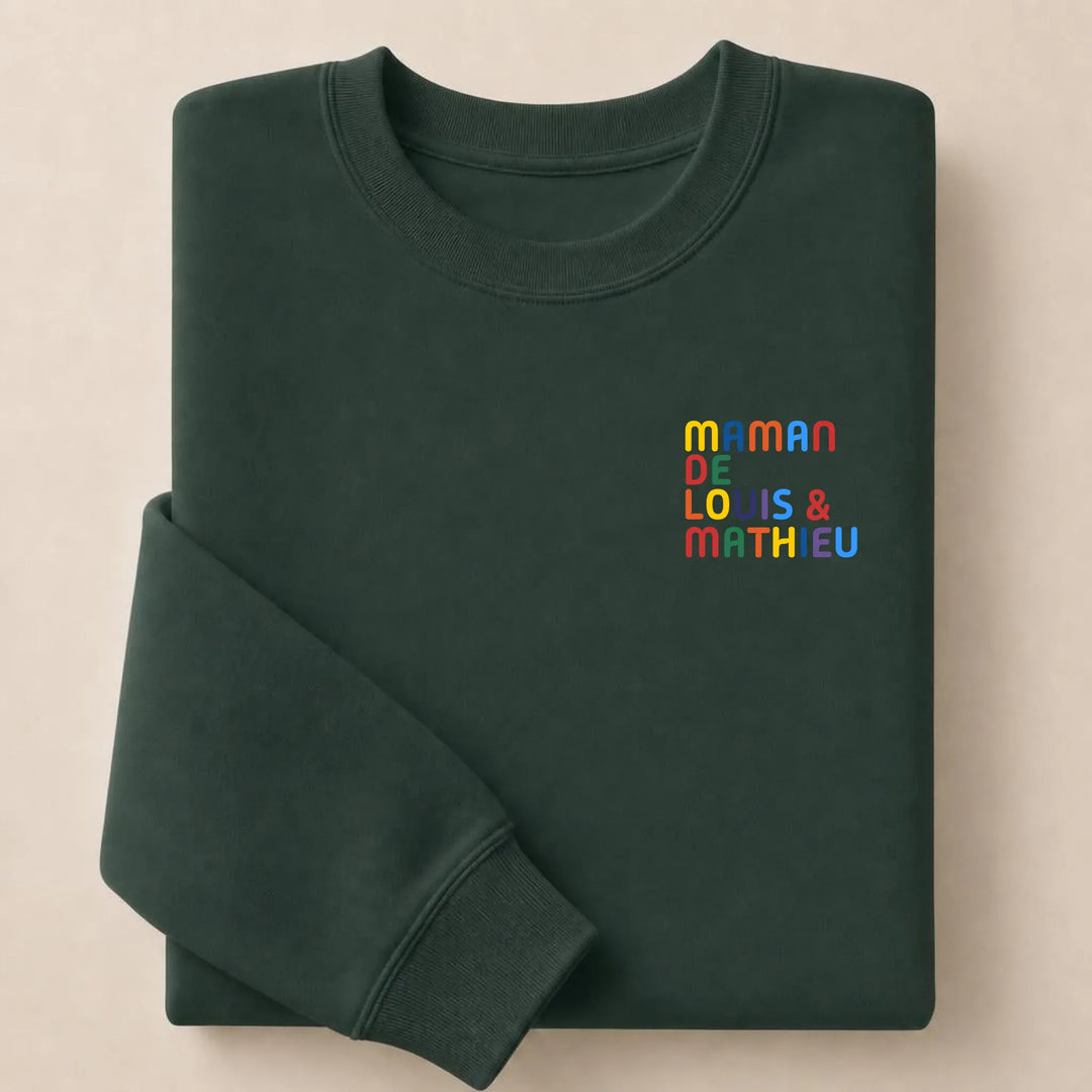 Pull personnalisé Maman - Prénoms multicolore brodé Sweatshirt / Forest / S