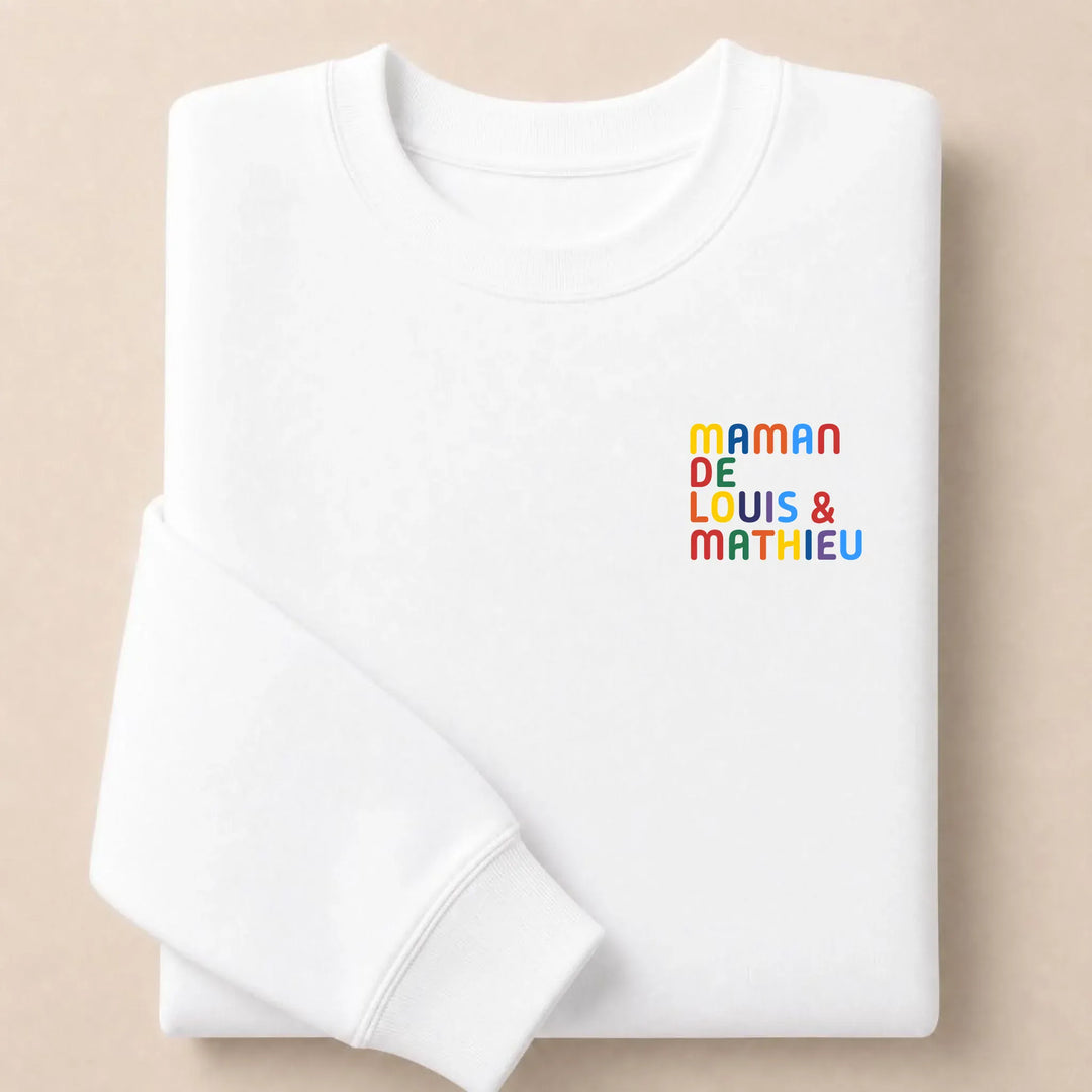Pull personnalisé Maman - Prénoms multicolore brodé Sweatshirt / Blanc / S