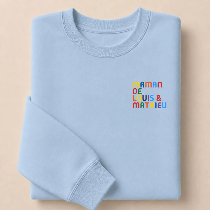 Pull personnalisé Maman - Prénoms multicolore brodé Sweatshirt / Bleu Clair / S