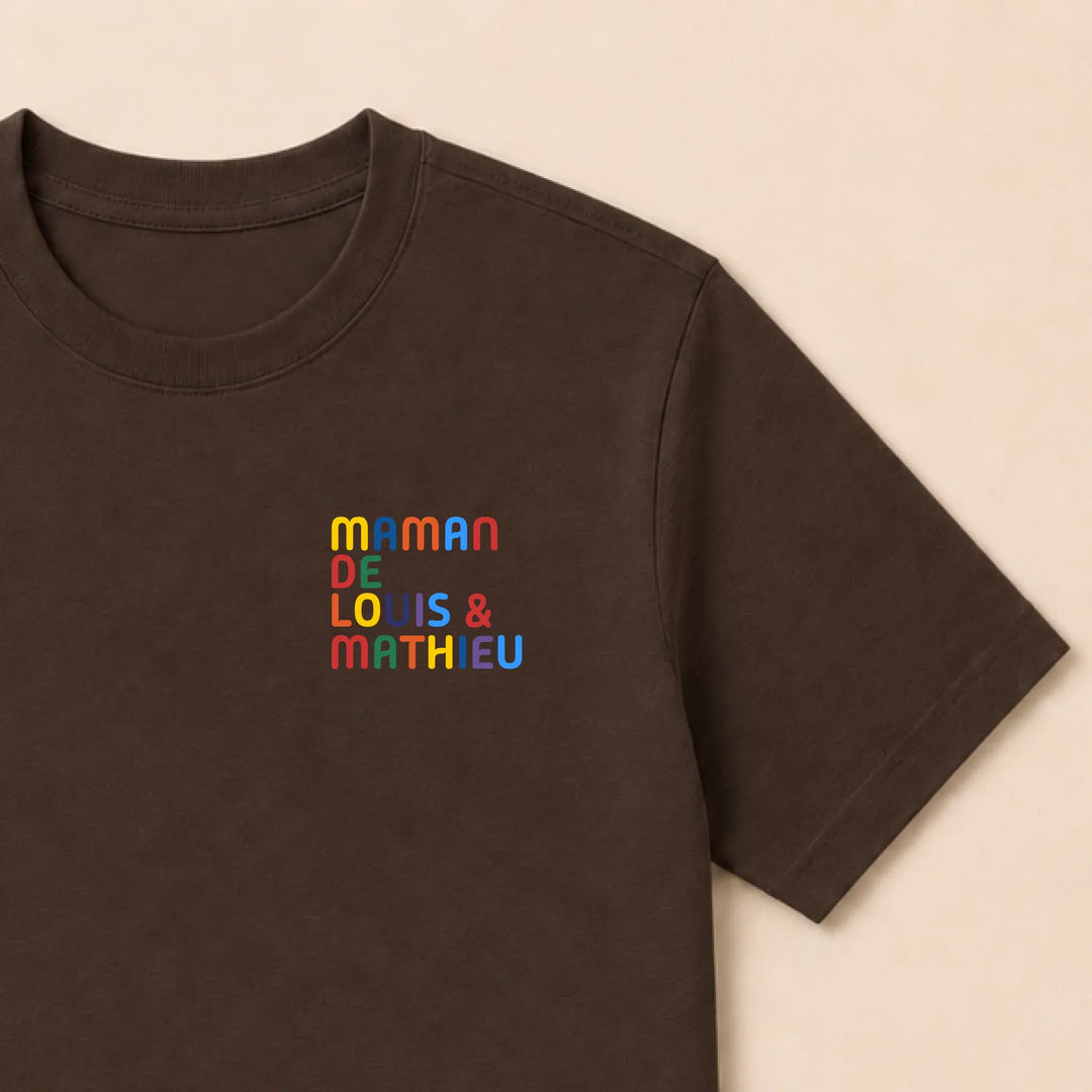 Sweat personnalisé Maman - Prénoms multicolore brodé T-shirt / Marron / S