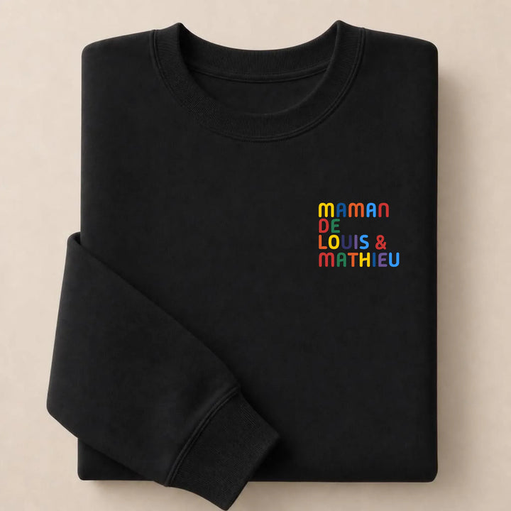 Sweat personnalisé Maman - Prénoms multicolore brodé Sweatshirt / Noir / S